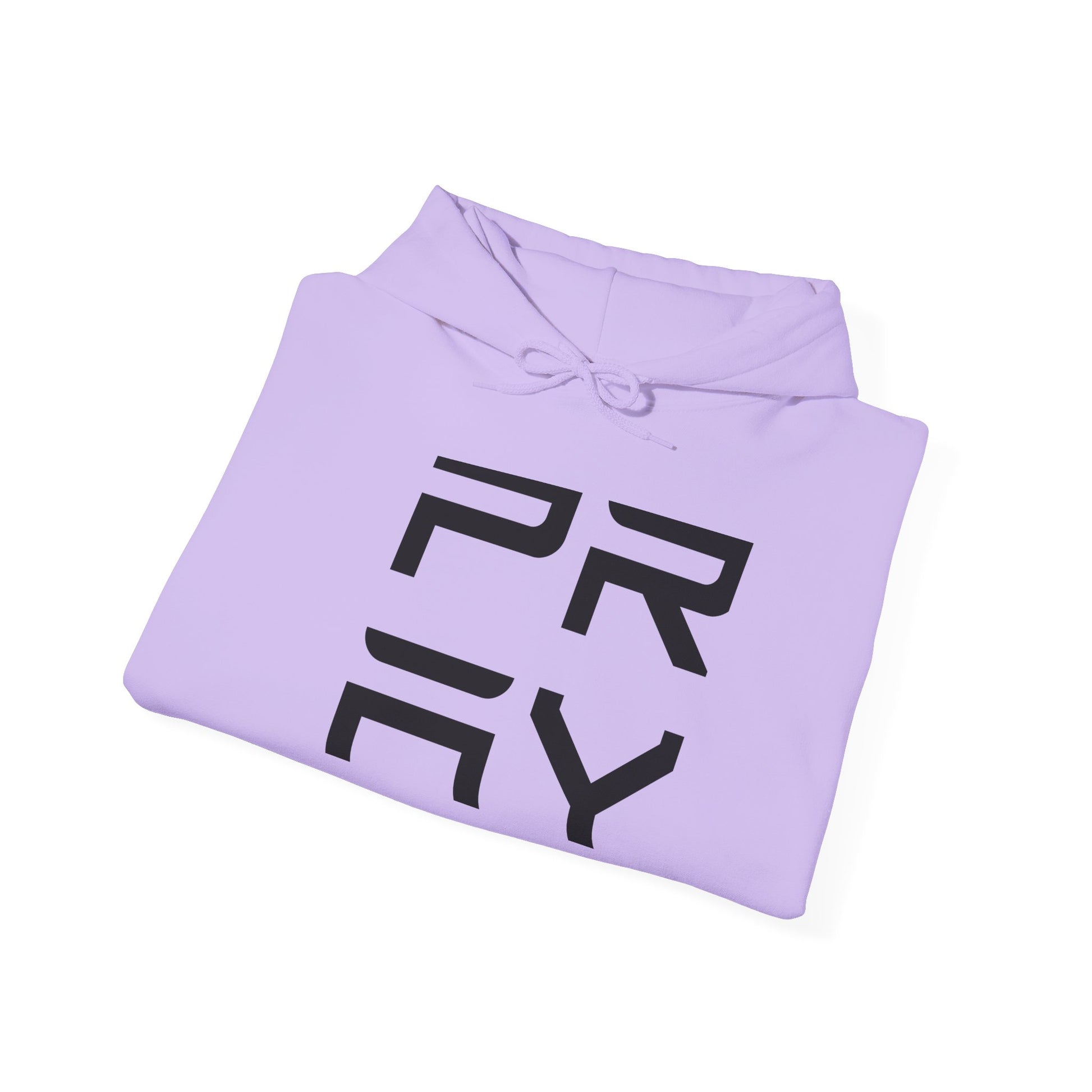 Folded lavender Pray hoodie with black lettering, highlighting soft fabric and drawstring hood for cozy wear.