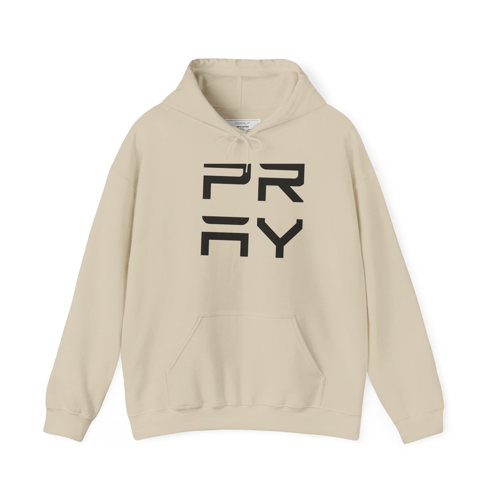Beige Pray hoodie sweatshirt in unisex fit, featuring bold black lettering, soft fleece interior and drawstring hood for everyday comfort.