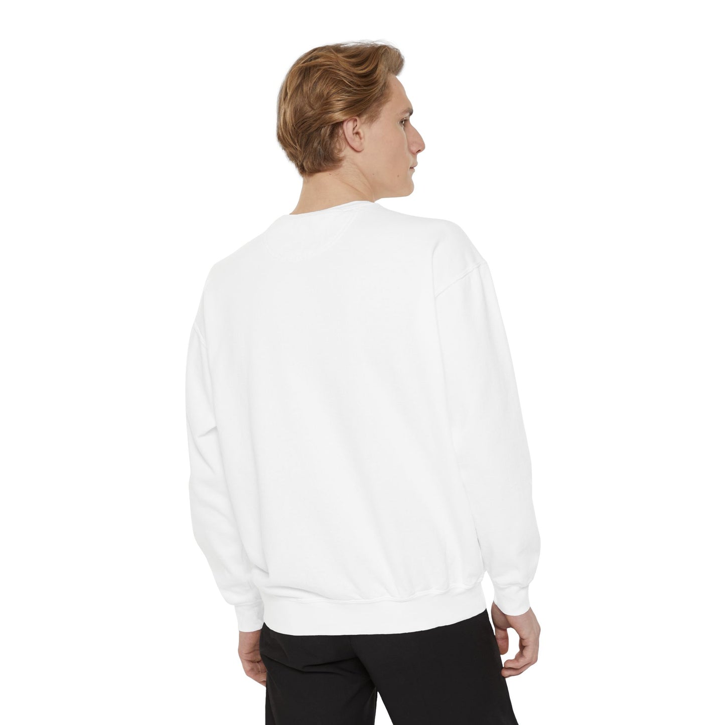 Back view of model in white Faith Over Fear sweatshirt, highlighting relaxed fit and cozy unisex design for everyday wear.