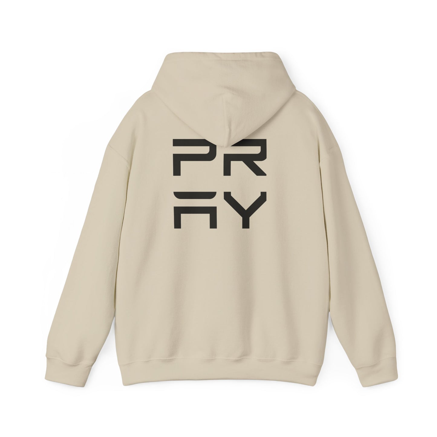 Back view of beige Pray hoodie with bold black lettering, unisex fit and soft fleece fabric for warmth and comfort.