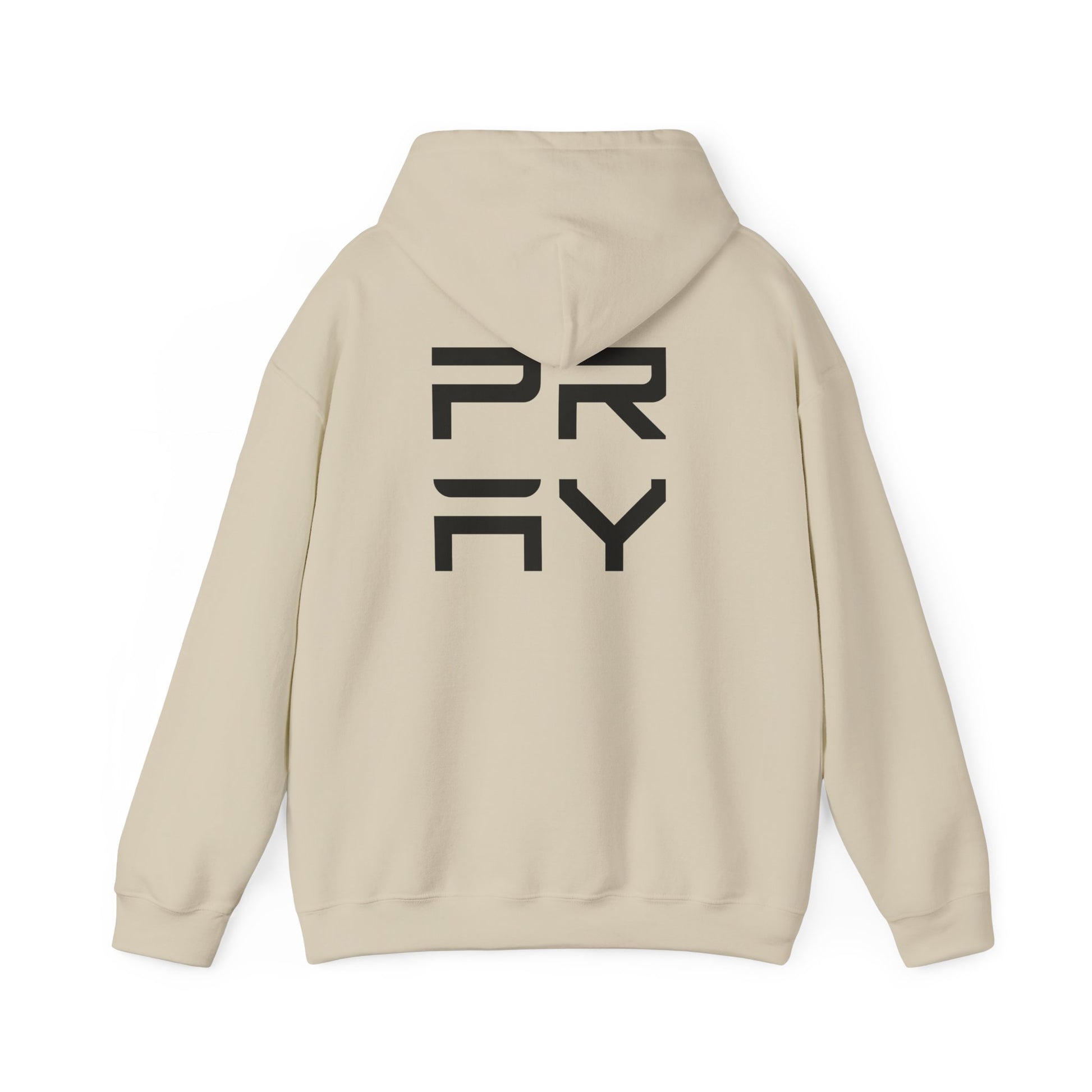 Back view of beige Pray hoodie with bold black lettering, unisex fit and soft fleece fabric for warmth and comfort.