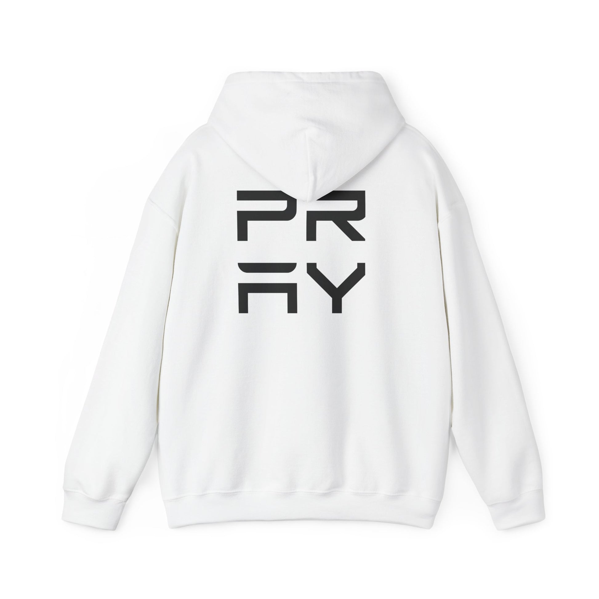 Back view of white Pray hoodie sweatshirt with large black vertical text, unisex fit and cozy cotton-poly blend for daily wear.