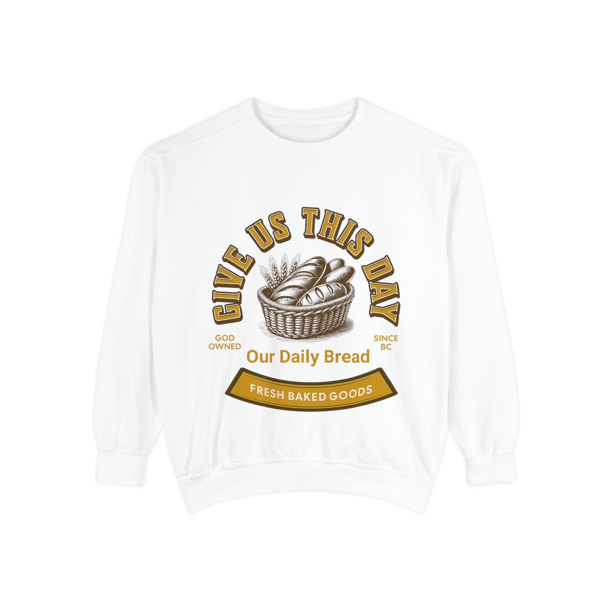 White Inspirational Crewneck Sweatshirt featuring 'Give us this Day Our Daily Bread' design with bread basket graphic. Ideal Christian gift apparel.