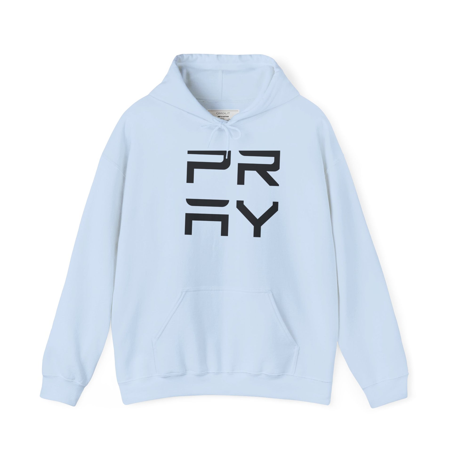 Light blue Pray hoodie sweatshirt with black vertical text, unisex fit and cozy fabric blend ideal for layering in cool weather.