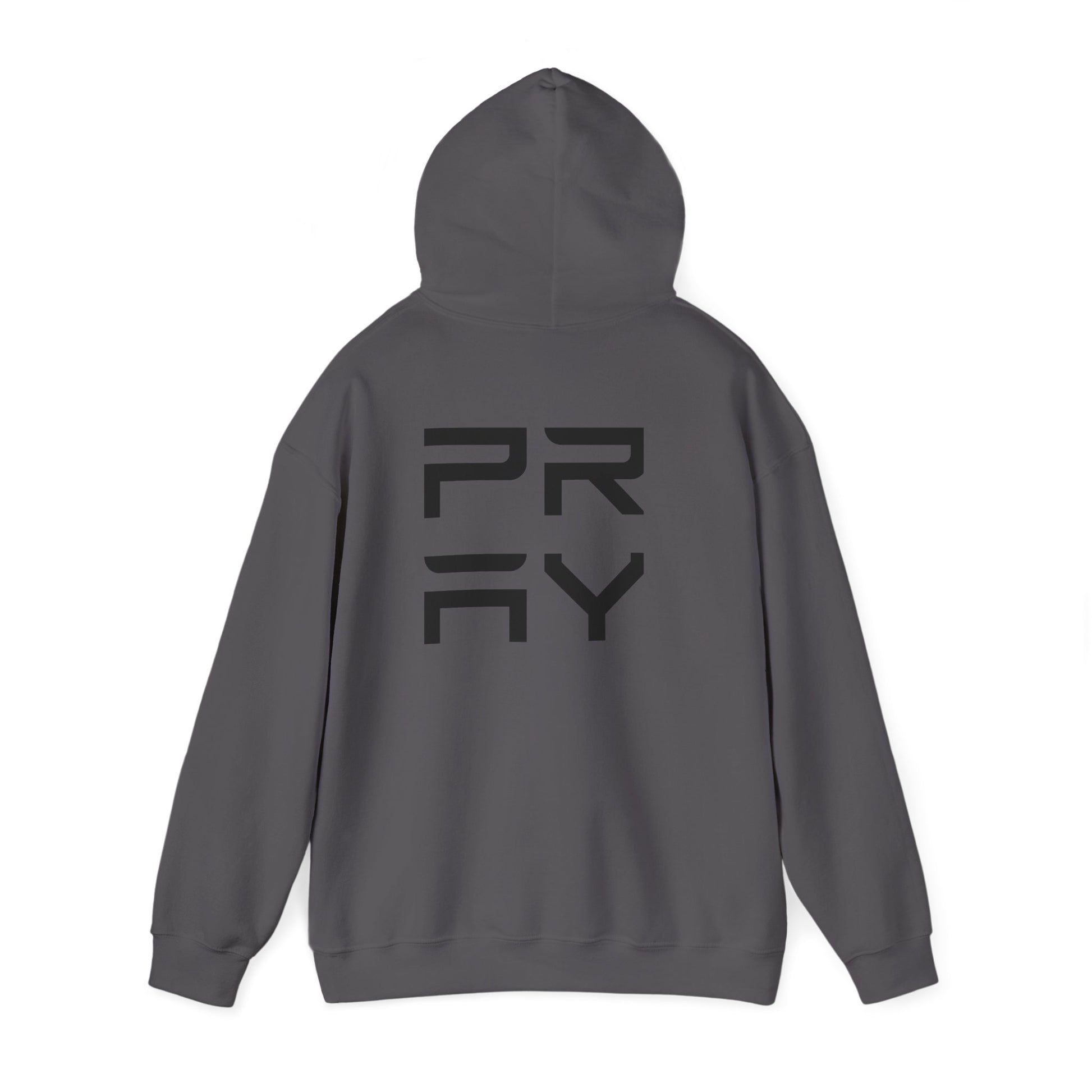 Charcoal gray Pray hoodie shown from the back, featuring large black text and relaxed fit for modern streetwear.