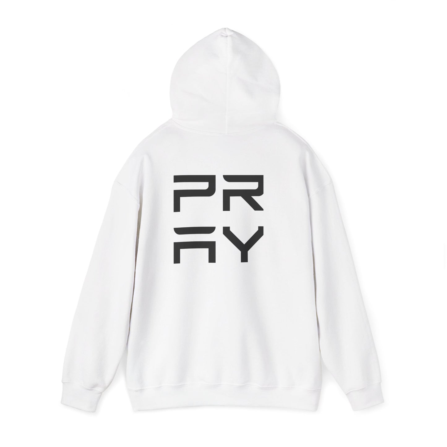 White Pray hoodie shown from the back, featuring bold black graphic design and relaxed fit for versatile streetwear appeal.