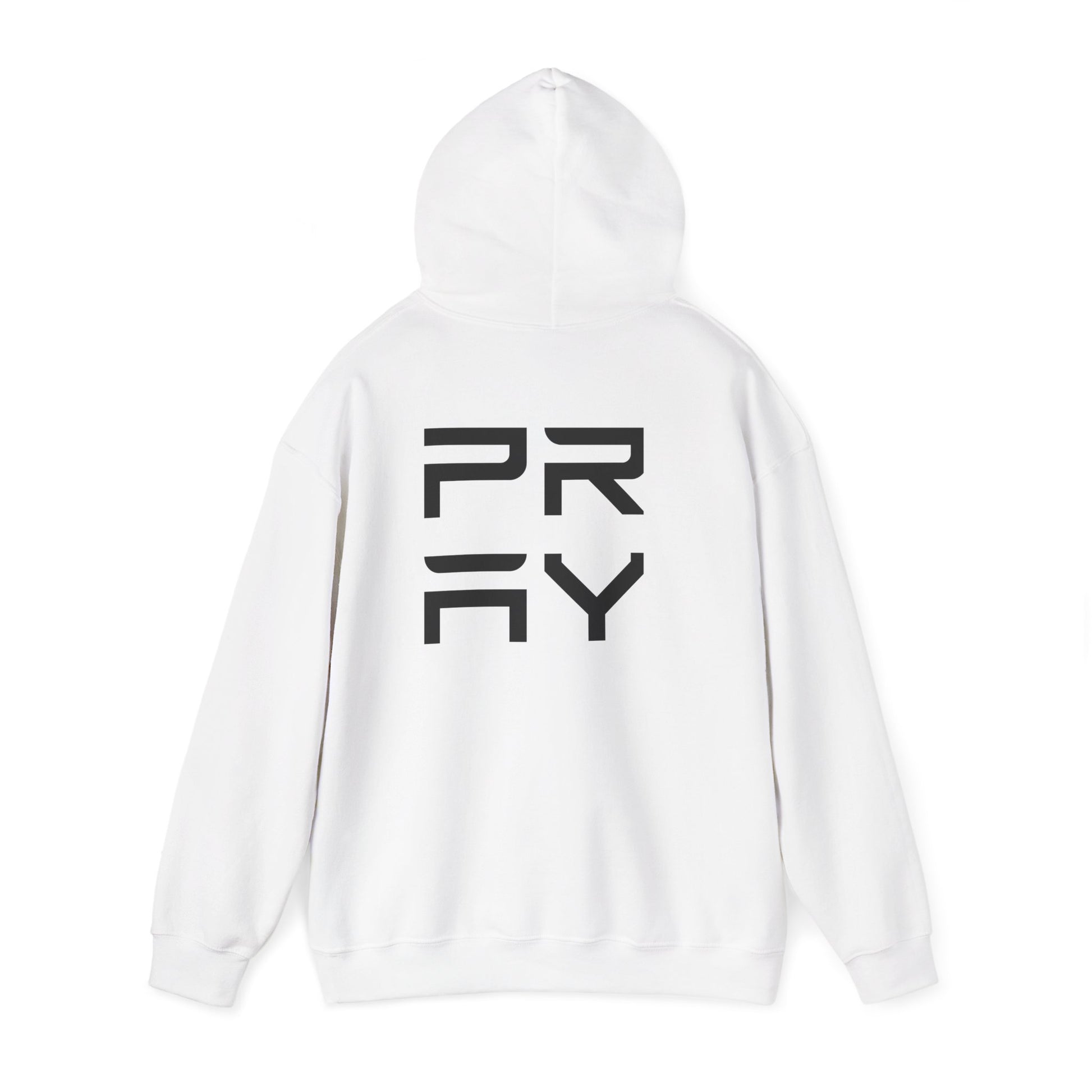 White Pray hoodie shown from the back, featuring bold black graphic design and relaxed fit for versatile streetwear appeal.