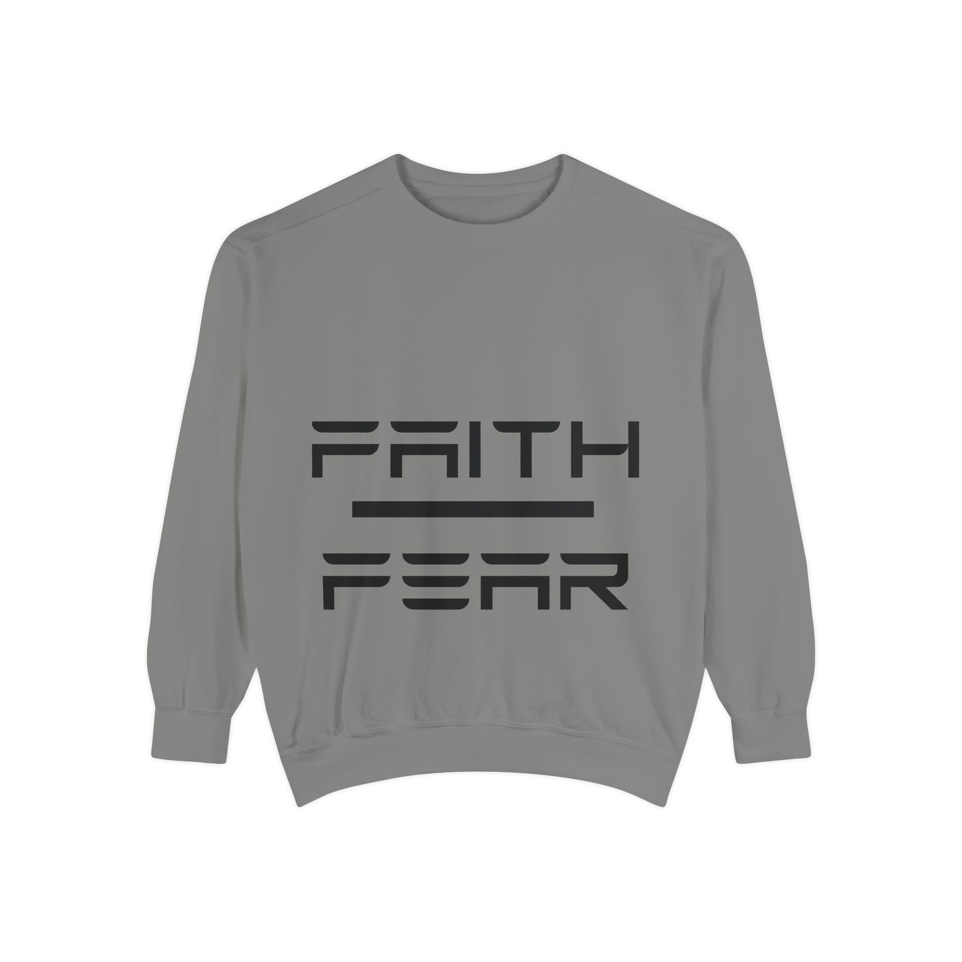 Gray Faith Over Fear sweatshirt with sleek black graphic text, unisex pullover for everyday comfort and motivational streetwear style.