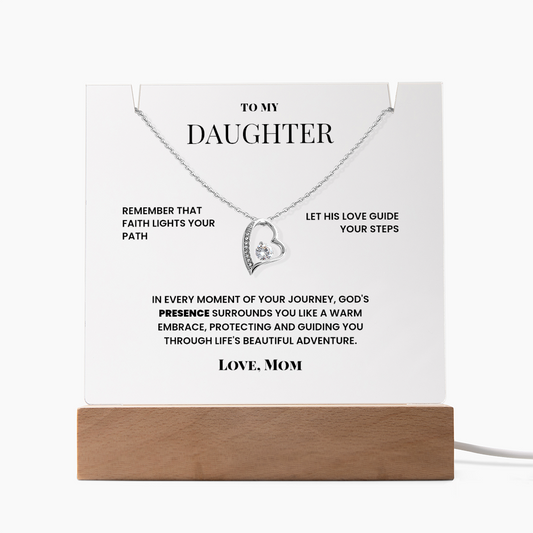 To My Daughter. Remember Faith Lights Your Path Plaque and Necklace with silver heart pendant on wooden base, perfect gift for daughters.
